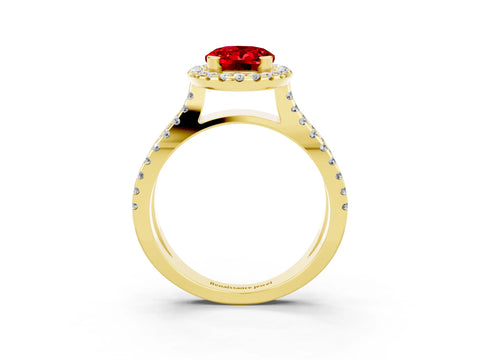 Yellow gold Oval Cut Ruby Halo Ring with Split Shank Pavé Band and Prong Setting_3