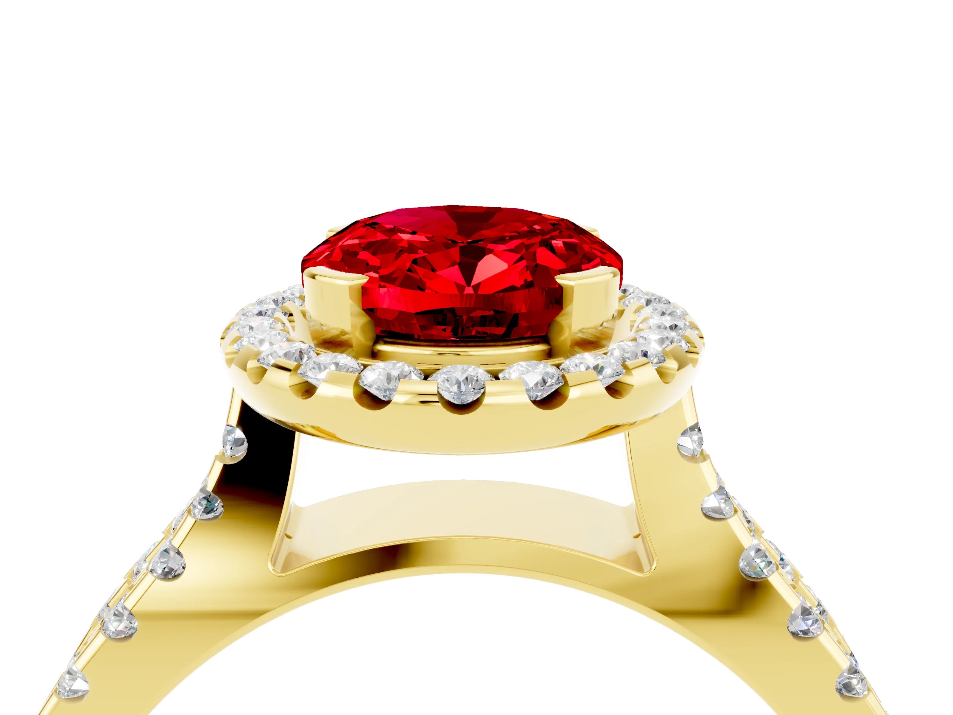 Yellow gold Oval Cut Ruby Halo Ring with Split Shank Pavé Band and Prong Setting_4