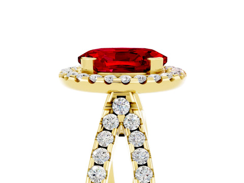 Yellow gold Oval Cut Ruby Halo Ring with Split Shank Pavé Band and Prong Setting_5