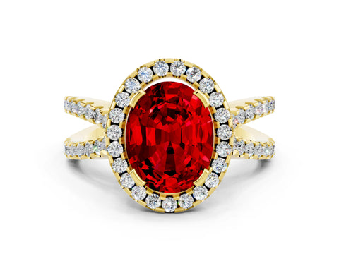 Yellow gold Oval Cut Ruby Halo Ring with Split Shank Pavé Band and Prong Setting