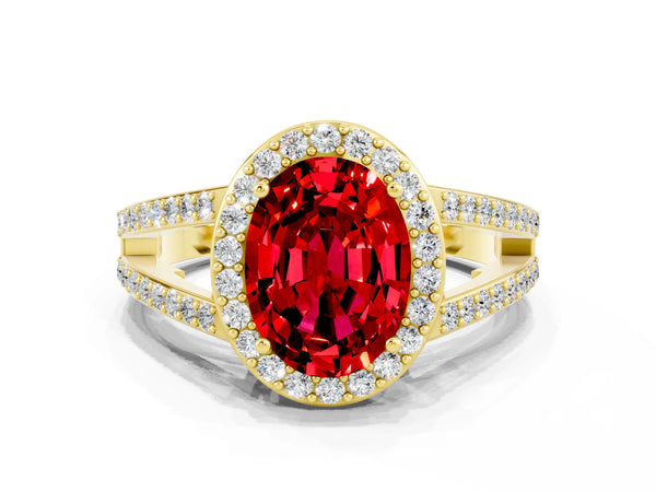 Yellow gold Oval Cut Ruby Halo Ring with Split Shank U-Prong Band and Four-Prong Setting