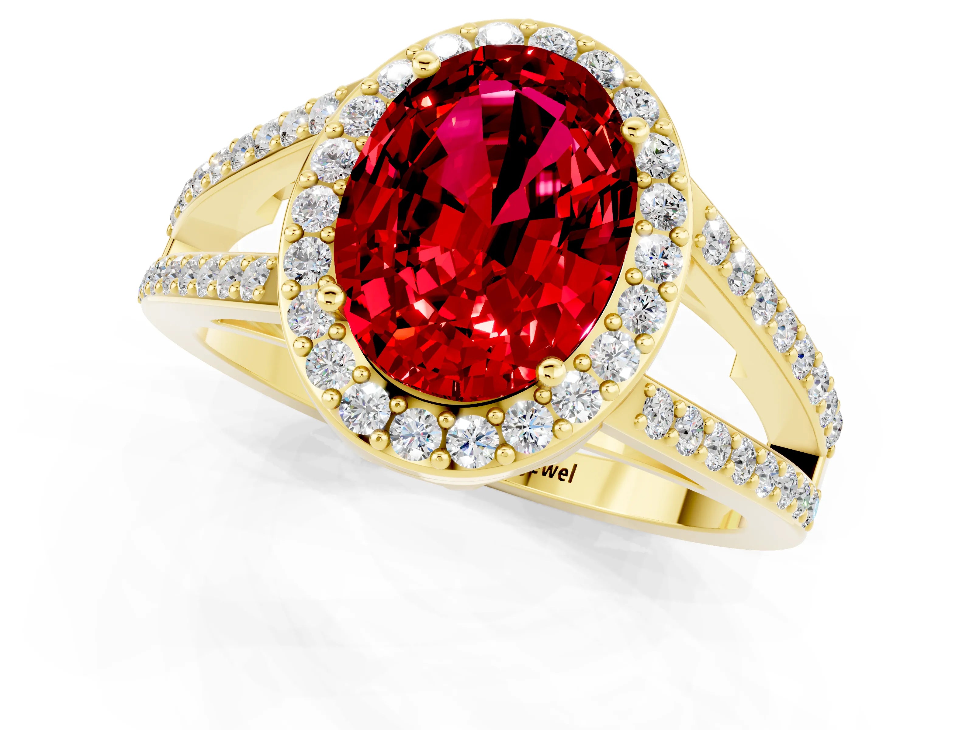 Yellow gold Oval Cut Ruby Halo Ring with Split Shank U-Prong Band and Four-Prong Setting_1