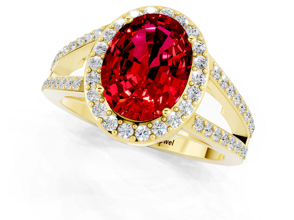 Yellow gold Oval Cut Ruby Halo Ring with Split Shank U-Prong Band and Four-Prong Setting