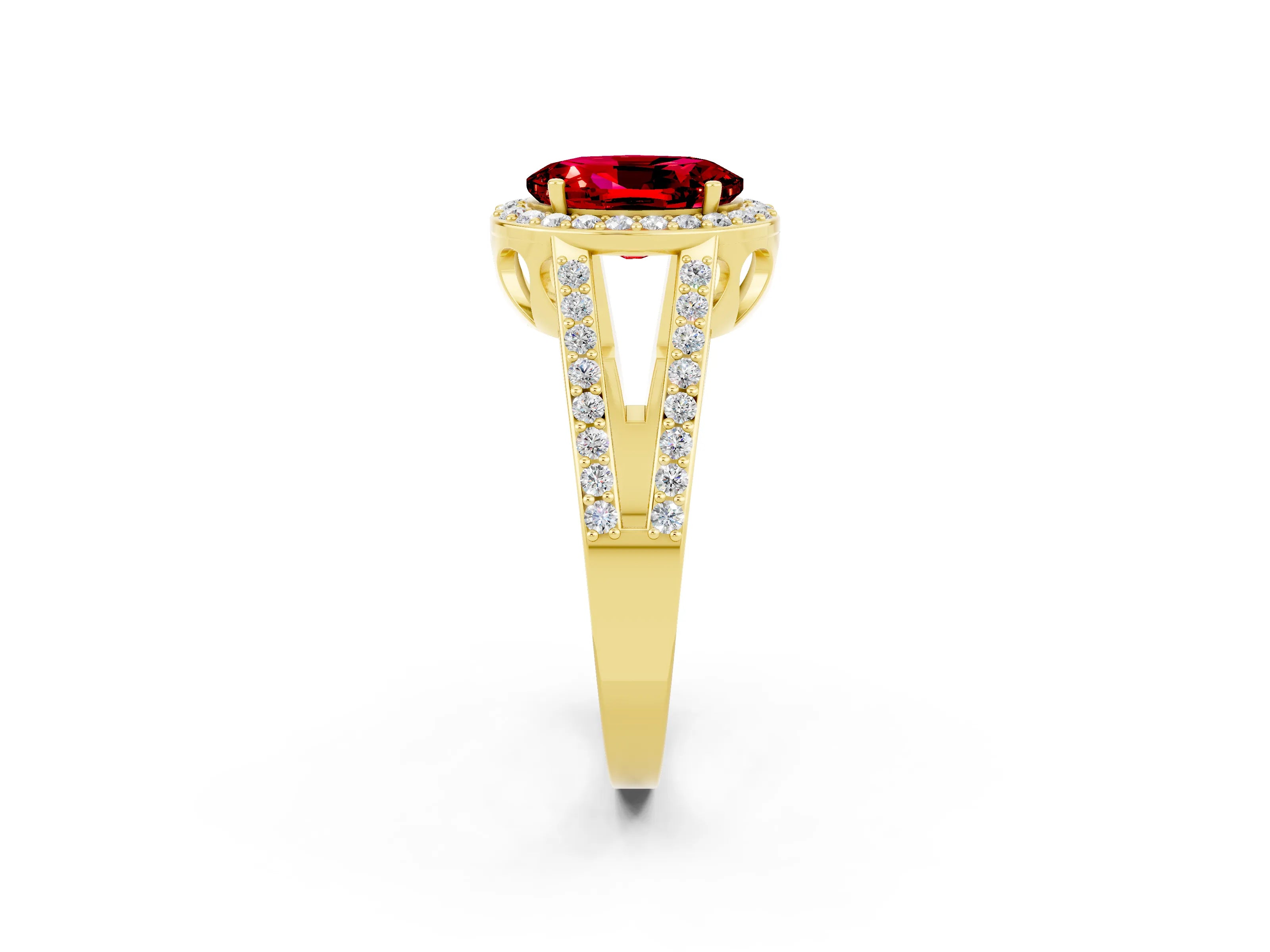 Yellow gold Oval Cut Ruby Halo Ring with Split Shank U-Prong Band and Four-Prong Setting_2