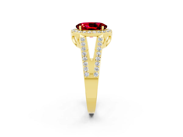 Yellow gold Oval Cut Ruby Halo Ring with Split Shank U-Prong Band and Four-Prong Setting