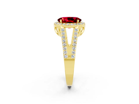 Yellow gold Oval Cut Ruby Halo Ring with Split Shank U-Prong Band and Four-Prong Setting_2
