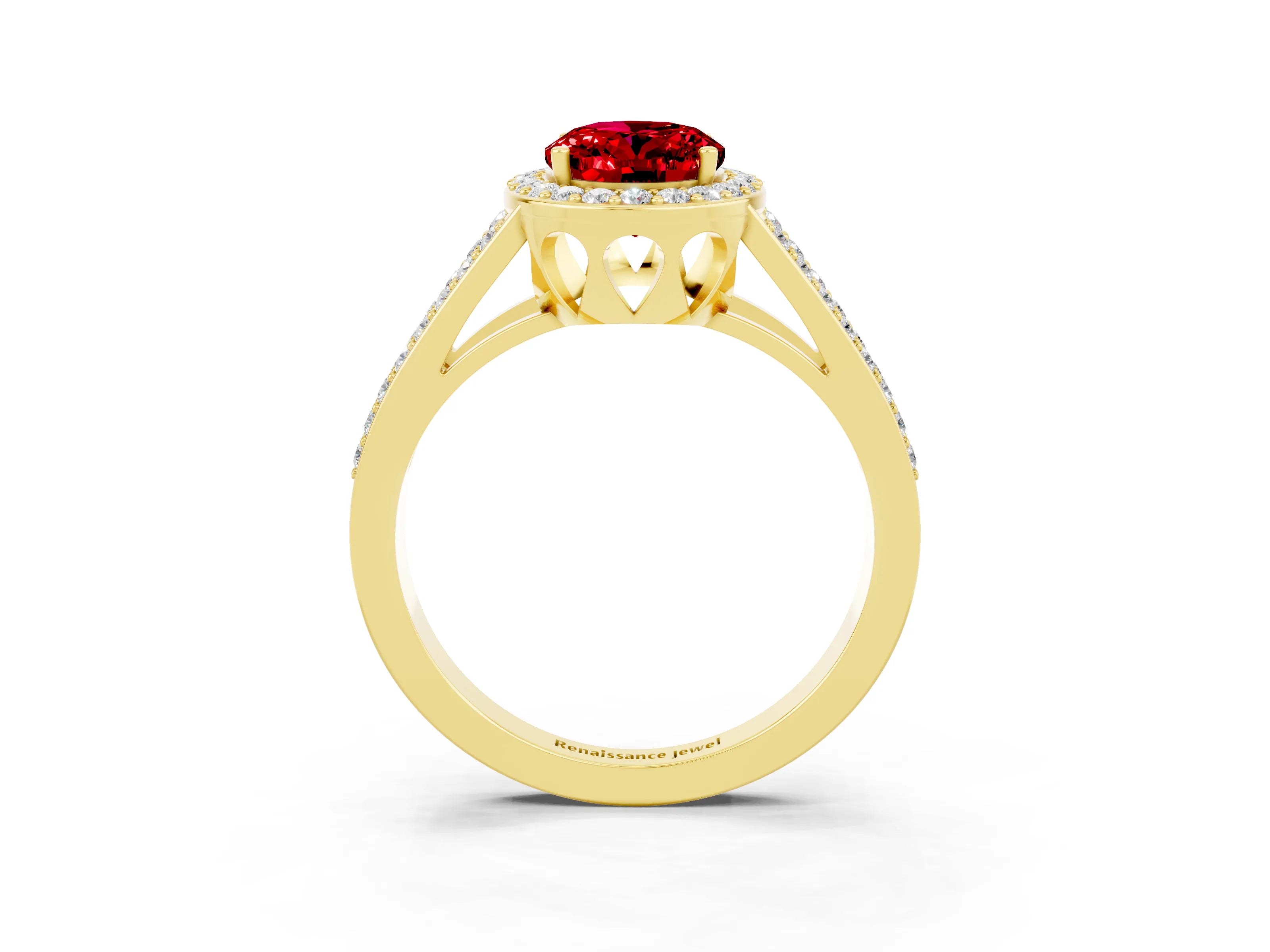 Yellow gold Oval Cut Ruby Halo Ring with Split Shank U-Prong Band and Four-Prong Setting_3