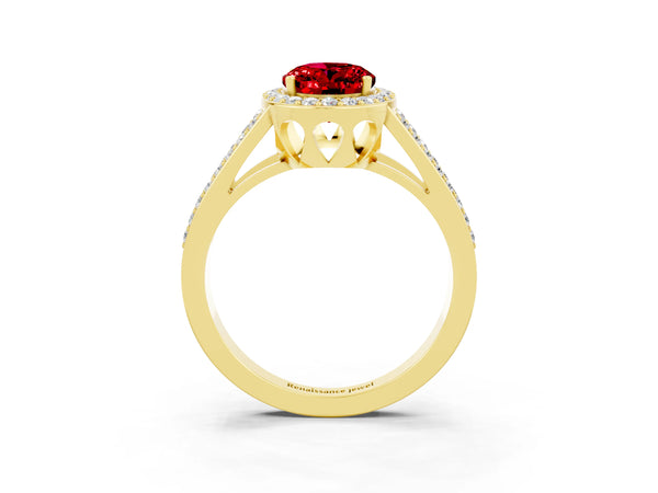 Yellow gold Oval Cut Ruby Halo Ring with Split Shank U-Prong Band and Four-Prong Setting