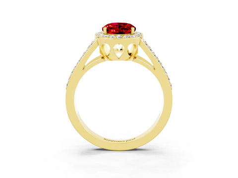Yellow gold Oval Cut Ruby Halo Ring with Split Shank U-Prong Band and Four-Prong Setting_3