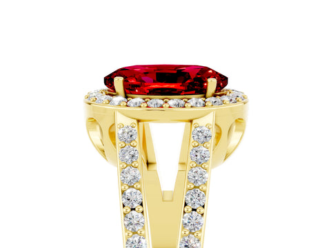 Yellow gold Oval Cut Ruby Halo Ring with Split Shank U-Prong Band and Four-Prong Setting_5