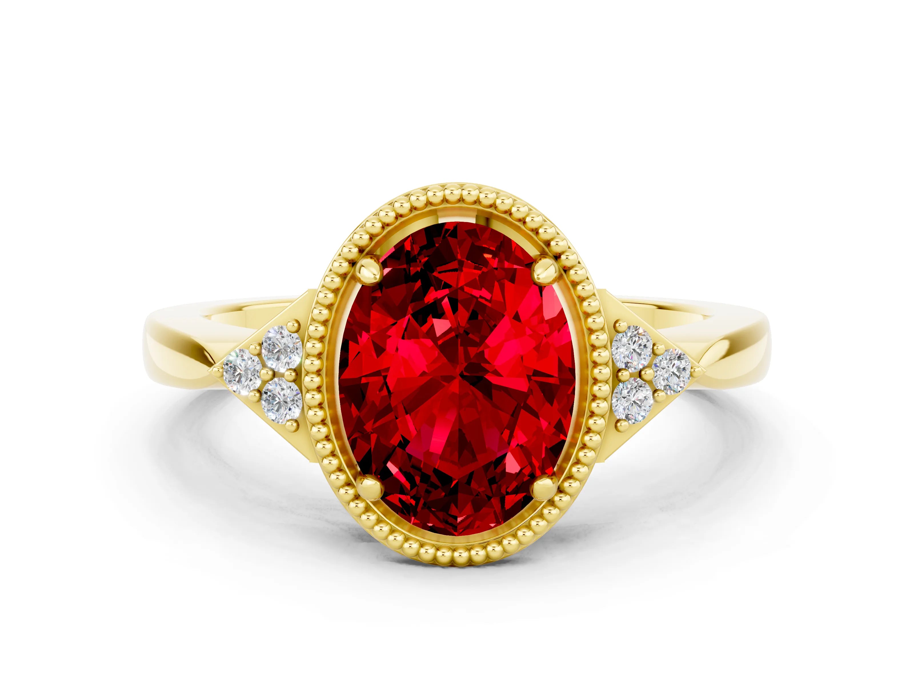 Yellow gold Oval Cut Ruby Halo Ring with Tapered Band and Four-Prong Setting