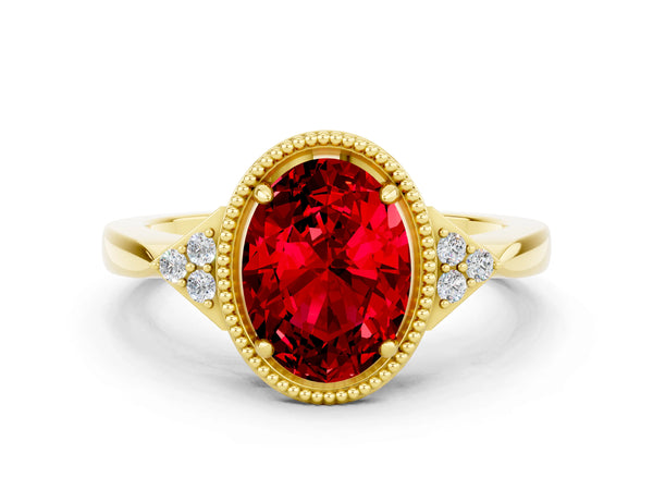 Yellow gold Oval Cut Ruby Halo Ring with Tapered Band and Four-Prong Setting