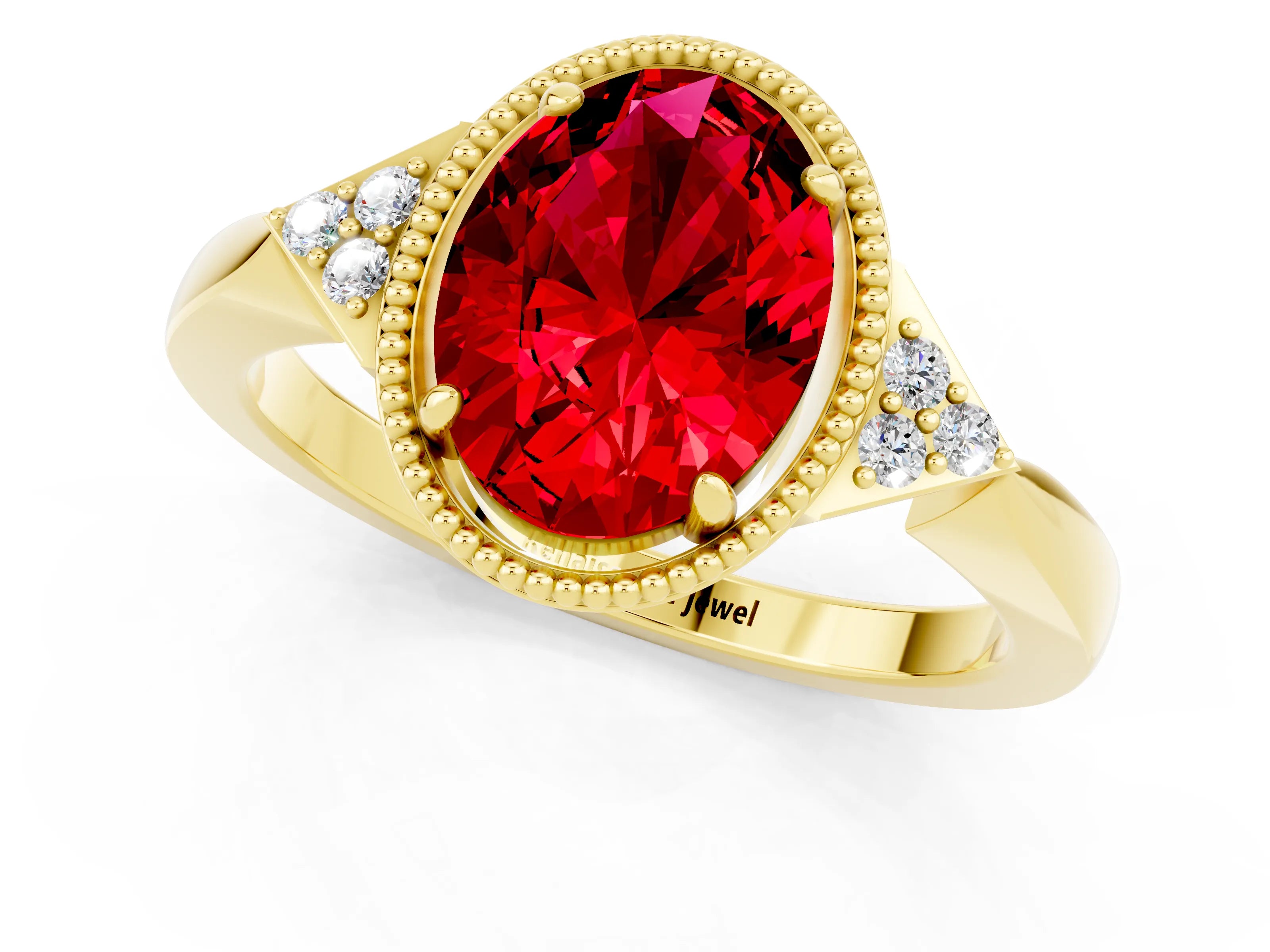 Yellow gold Oval Cut Ruby Halo Ring with Tapered Band and Four-Prong Setting_1