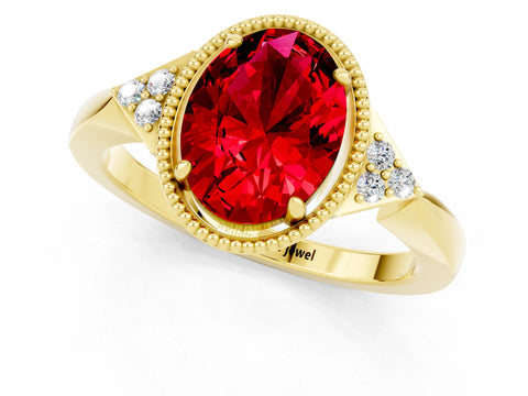 Yellow gold Oval Cut Ruby Halo Ring with Tapered Band and Four-Prong Setting_1