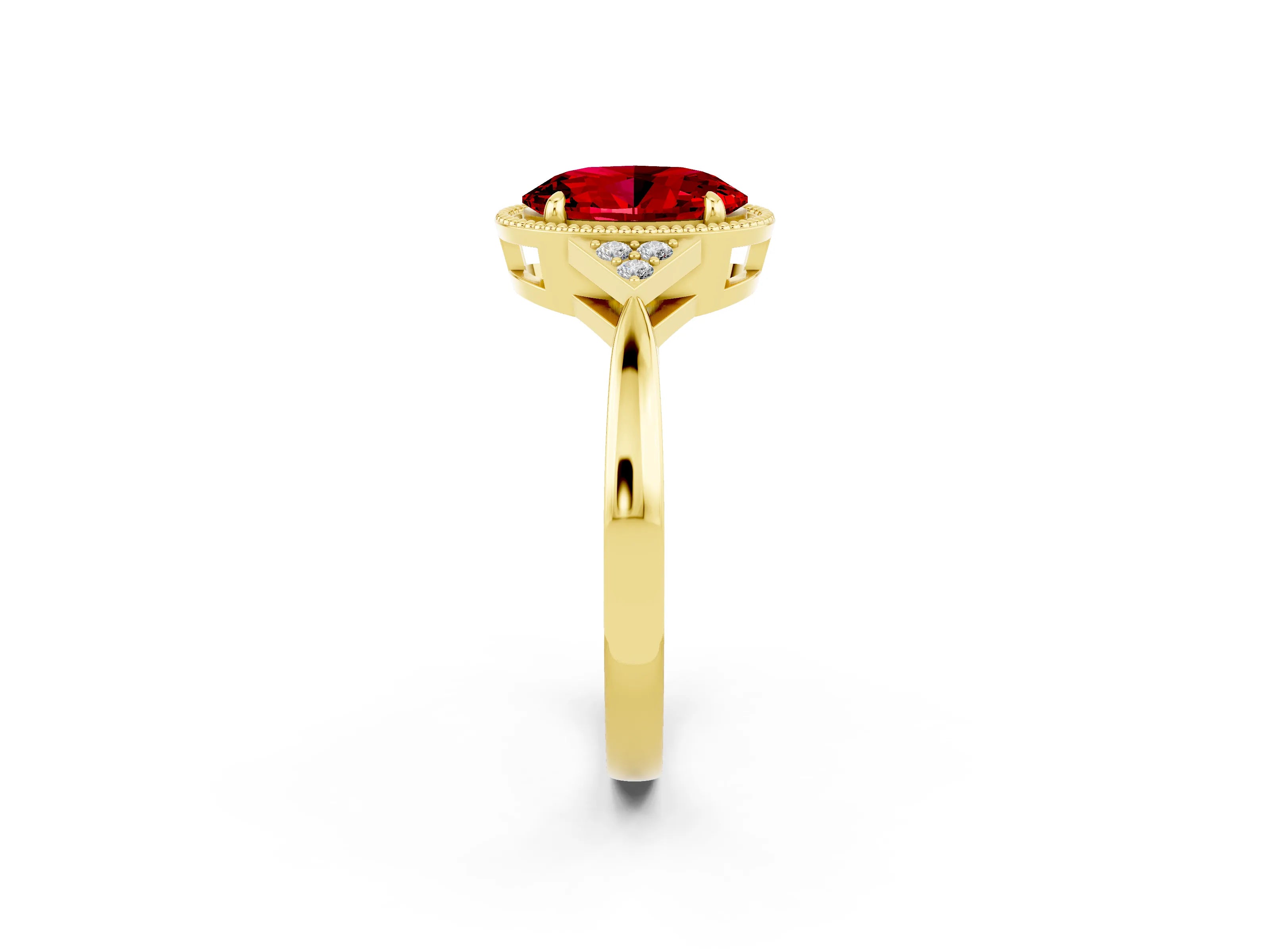 Yellow gold Oval Cut Ruby Halo Ring with Tapered Band and Four-Prong Setting_2