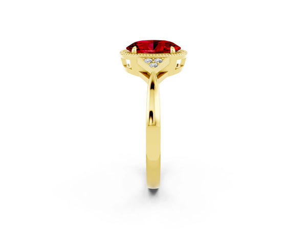 Yellow gold Oval Cut Ruby Halo Ring with Tapered Band and Four-Prong Setting