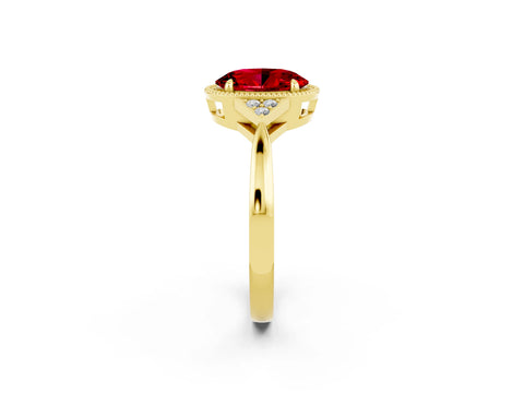 Yellow gold Oval Cut Ruby Halo Ring with Tapered Band and Four-Prong Setting_2