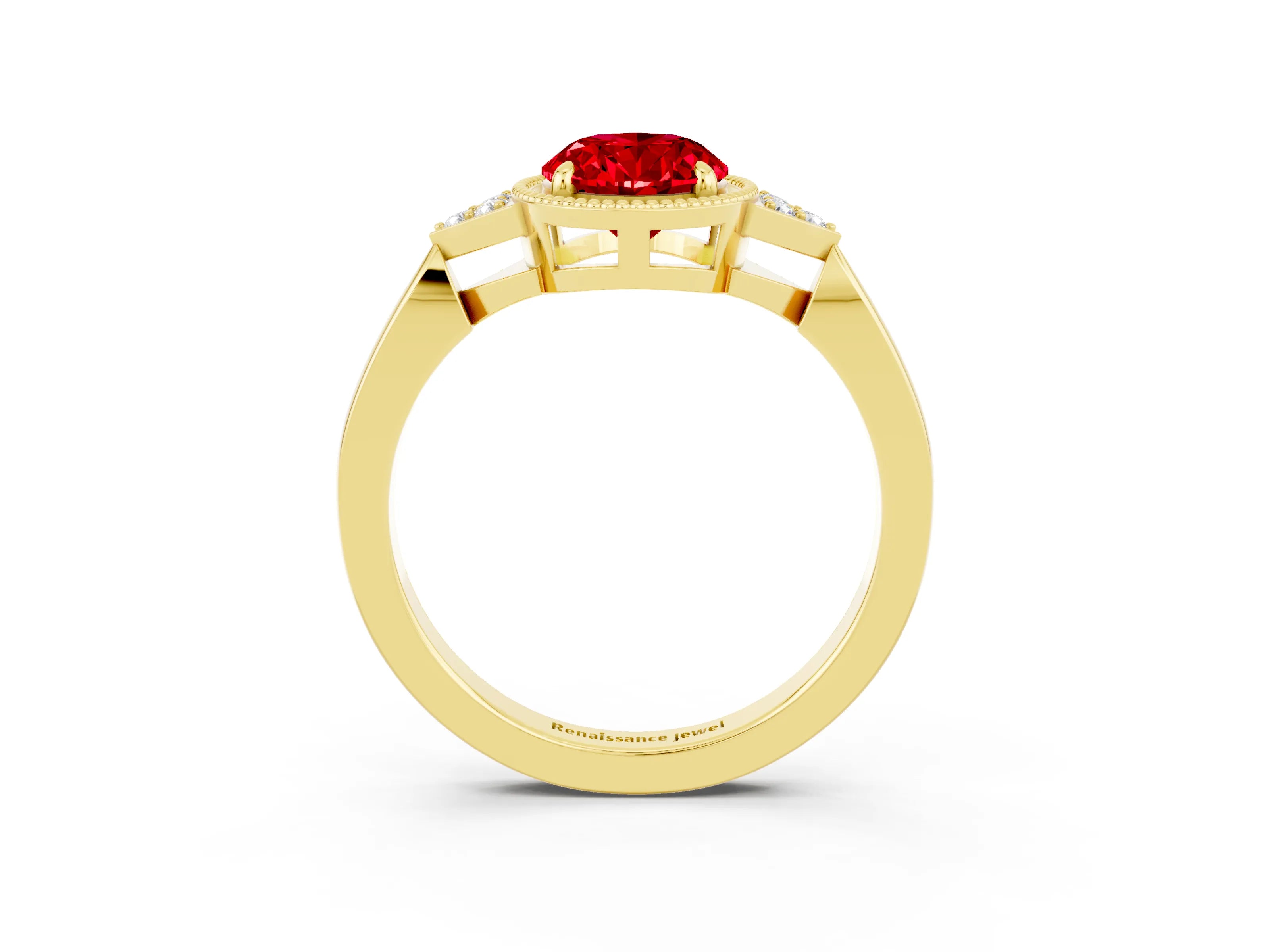 Yellow gold Oval Cut Ruby Halo Ring with Tapered Band and Four-Prong Setting_3