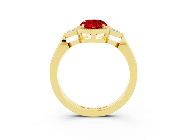 Yellow gold Oval Cut Ruby Halo Ring with Tapered Band and Four-Prong Setting