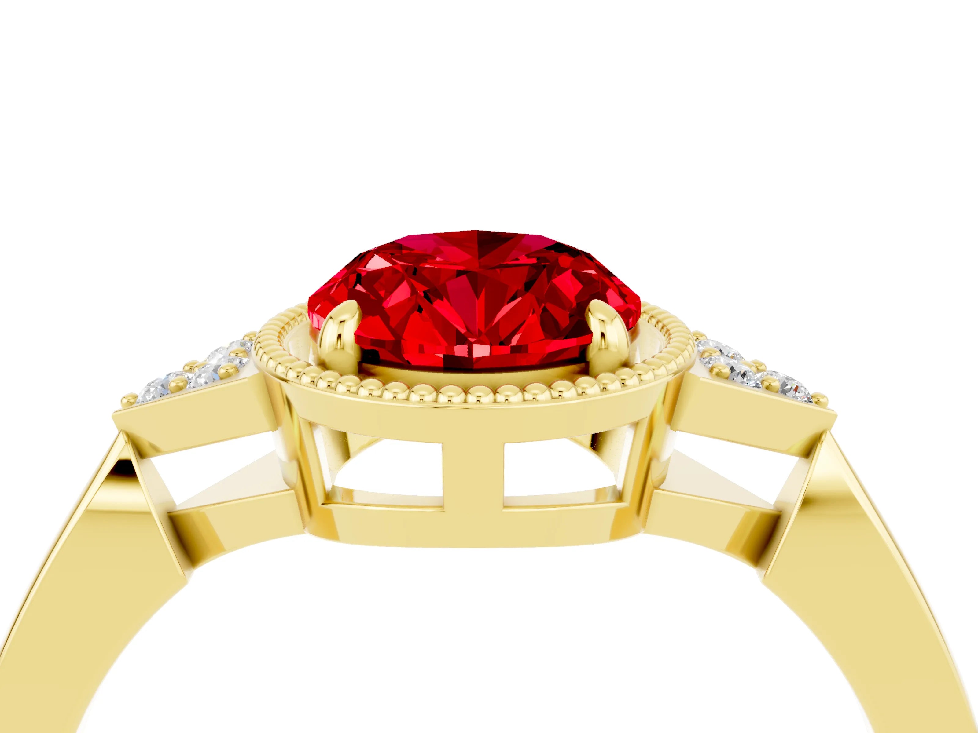 Yellow gold Oval Cut Ruby Halo Ring with Tapered Band and Four-Prong Setting_4