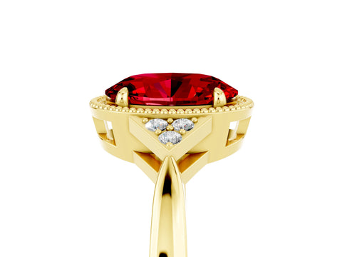 Yellow gold Oval Cut Ruby Halo Ring with Tapered Band and Four-Prong Setting_5
