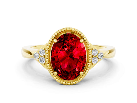 Yellow gold Oval Cut Ruby Halo Ring with Tapered Band and Four-Prong Setting