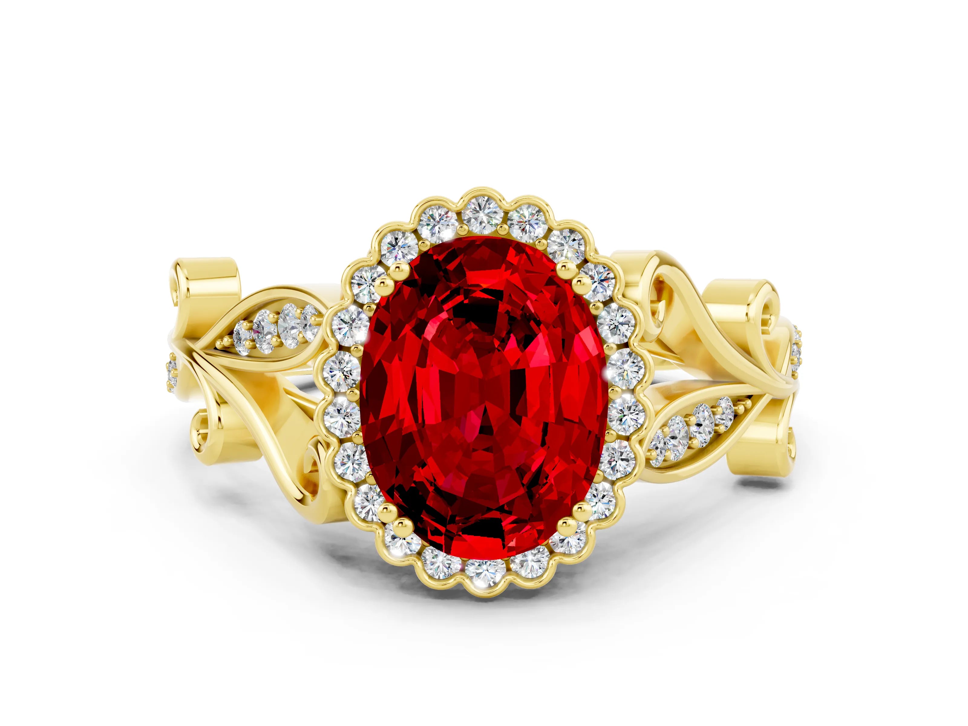 Yellow gold Oval Cut Ruby Halo Ring with Vintage Split Shank and Four-Prong Setting