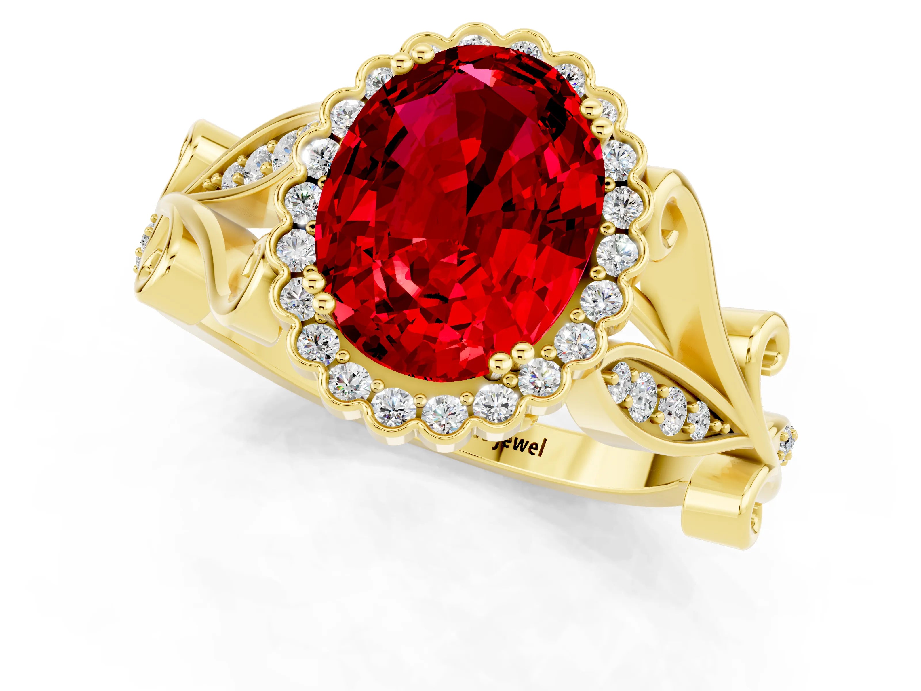 Yellow gold Oval Cut Ruby Halo Ring with Vintage Split Shank and Four-Prong Setting_1