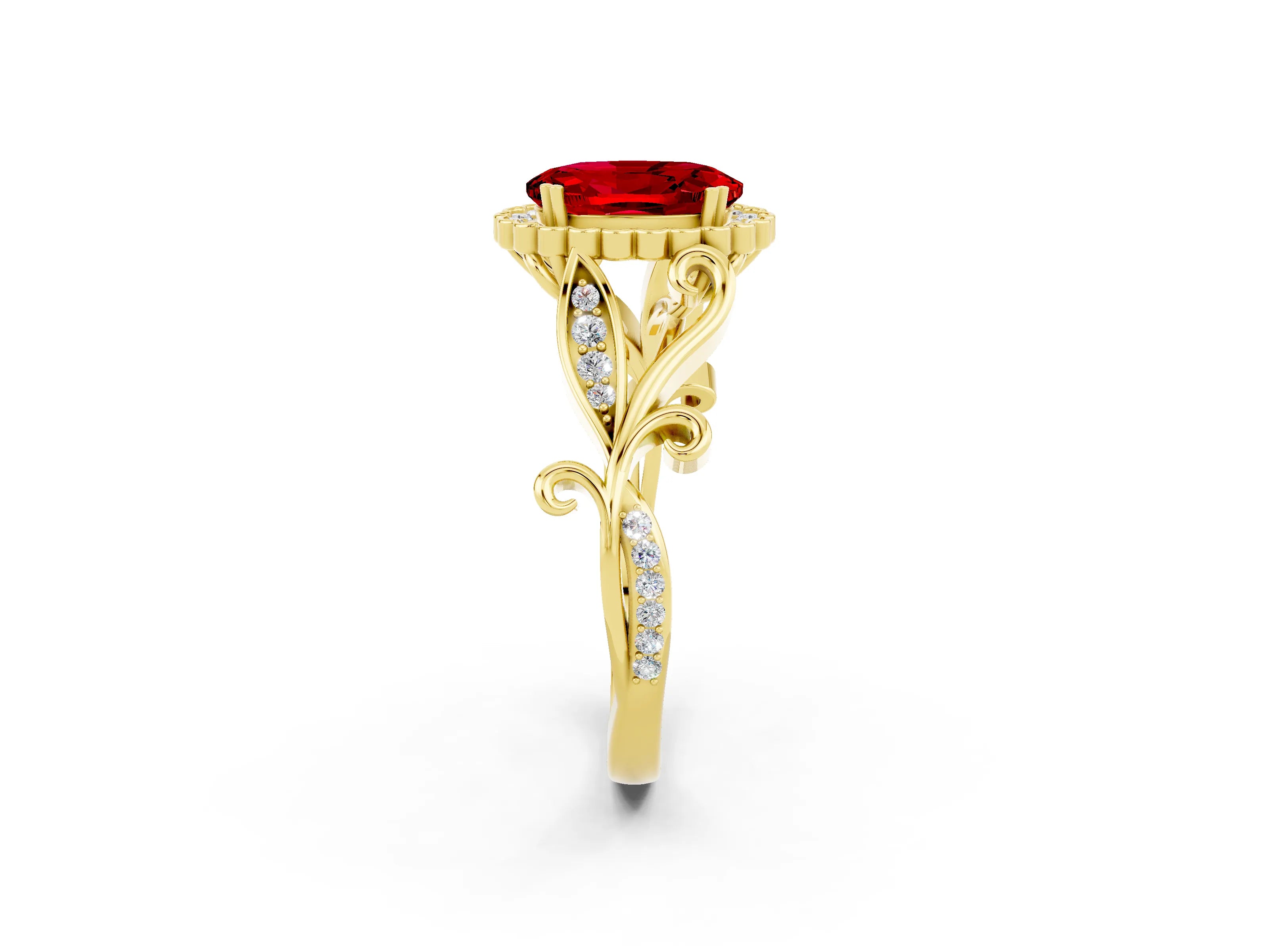Yellow gold Oval Cut Ruby Halo Ring with Vintage Split Shank and Four-Prong Setting_2