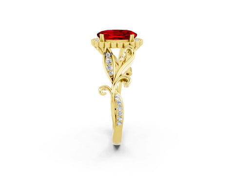 Yellow gold Oval Cut Ruby Halo Ring with Vintage Split Shank and Four-Prong Setting_2