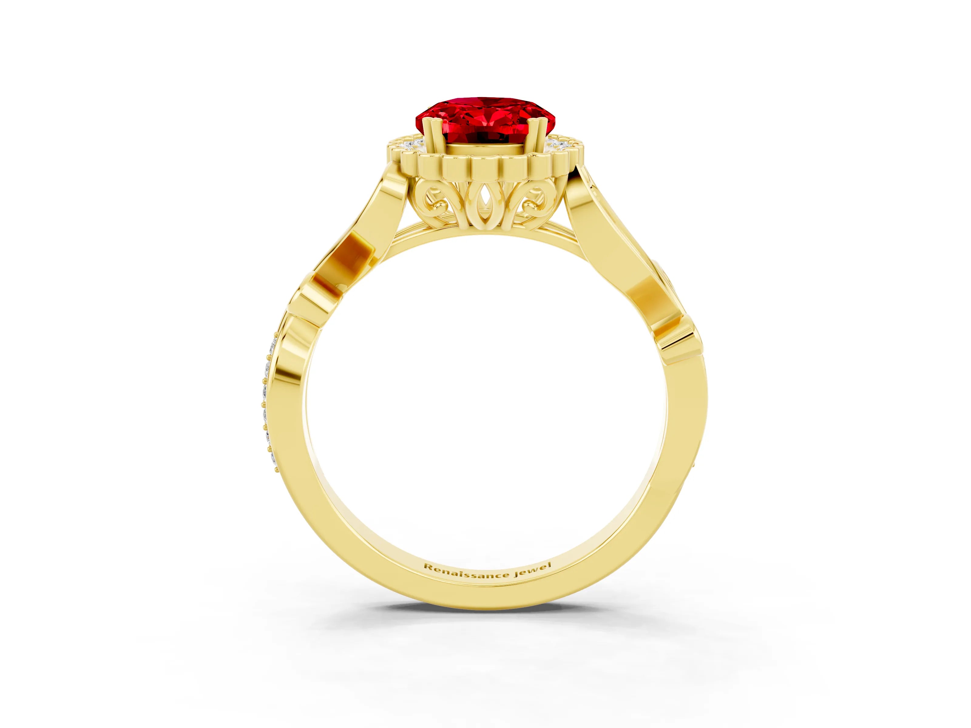 Yellow gold Oval Cut Ruby Halo Ring with Vintage Split Shank and Four-Prong Setting_3