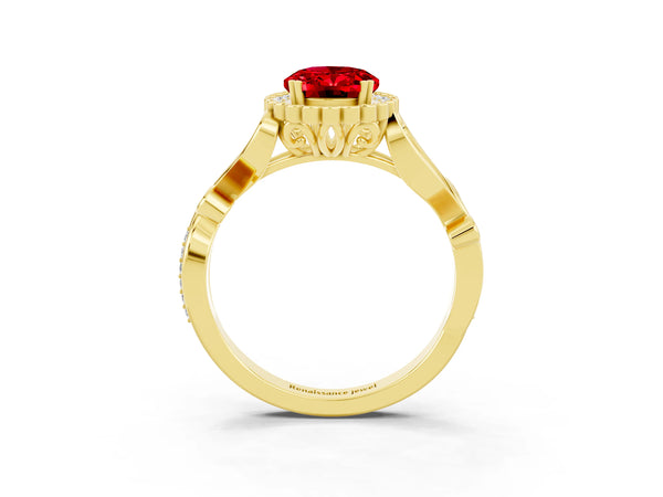 Yellow gold Oval Cut Ruby Halo Ring with Vintage Split Shank and Four-Prong Setting