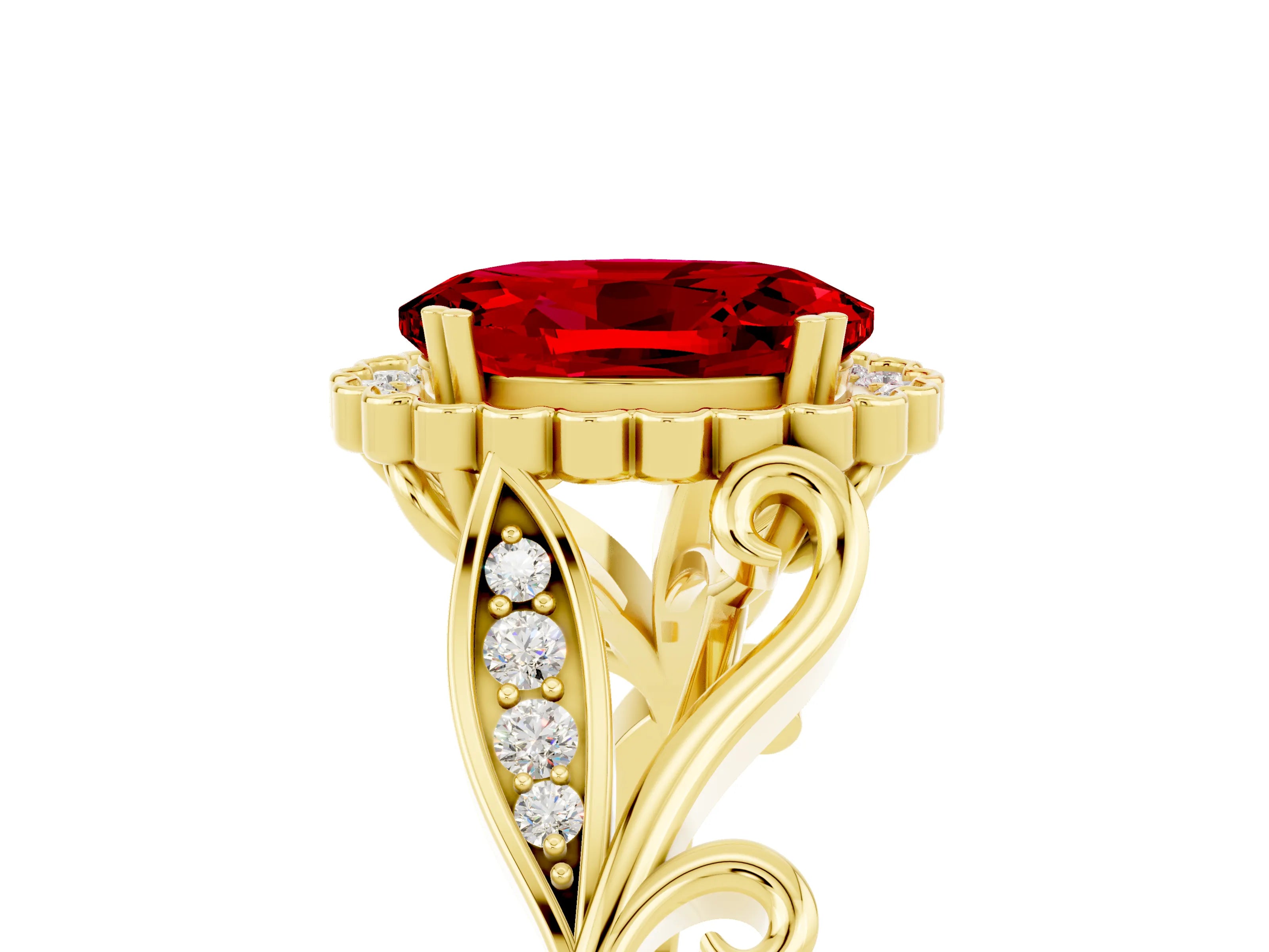 Yellow gold Oval Cut Ruby Halo Ring with Vintage Split Shank and Four-Prong Setting_5
