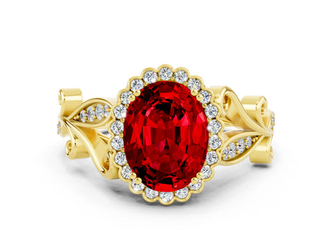 Yellow gold Oval Cut Ruby Halo Ring with Vintage Split Shank and Four-Prong Setting