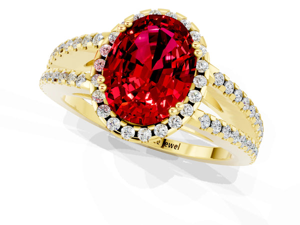 Yellow gold Oval Cut Ruby Halo Split Shank Engagement Ring