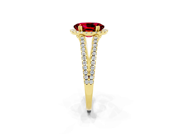 Yellow gold Oval Cut Ruby Halo Split Shank Engagement Ring