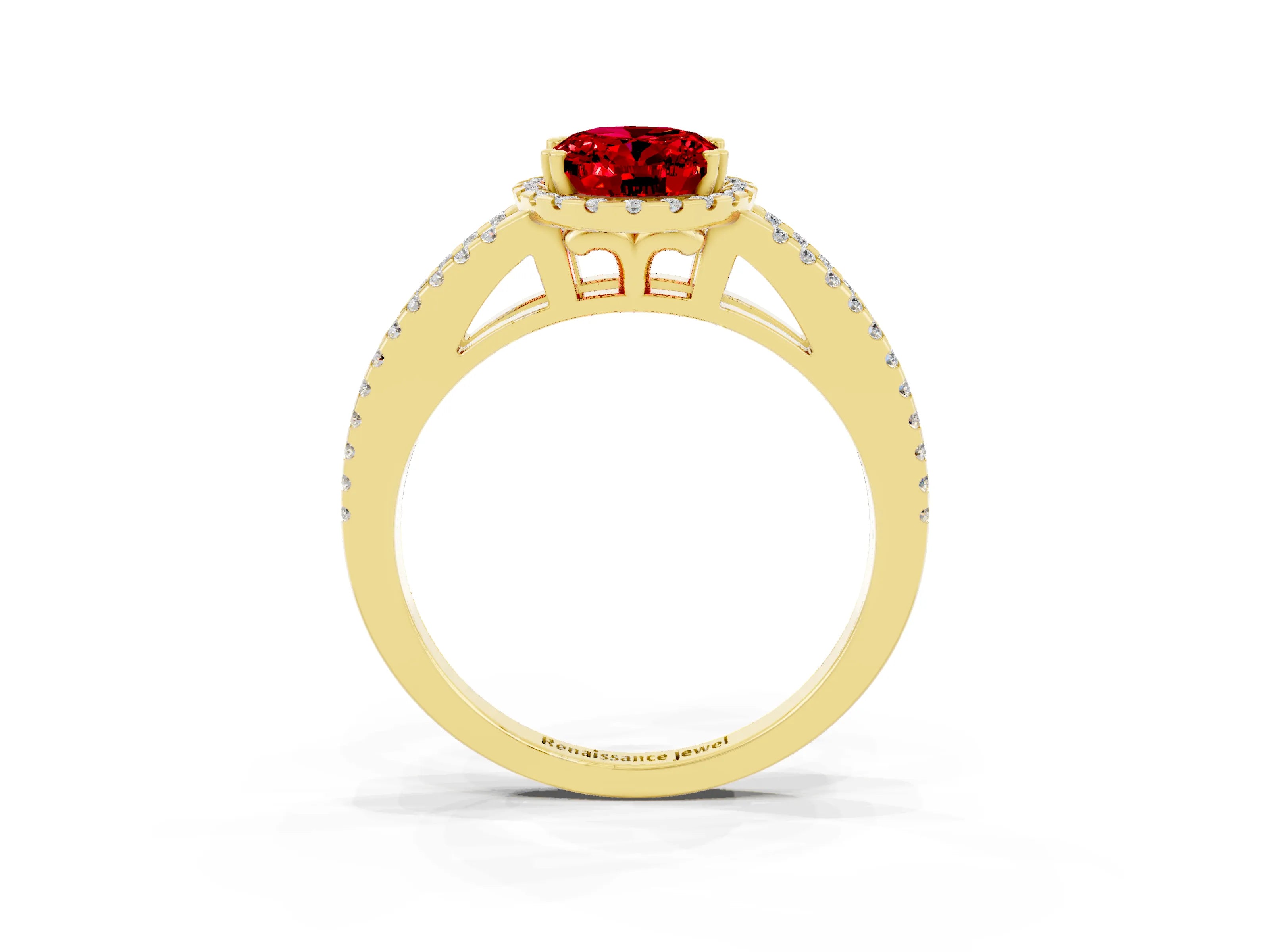 Yellow gold Oval Cut Ruby Halo Split Shank Engagement Ring_15