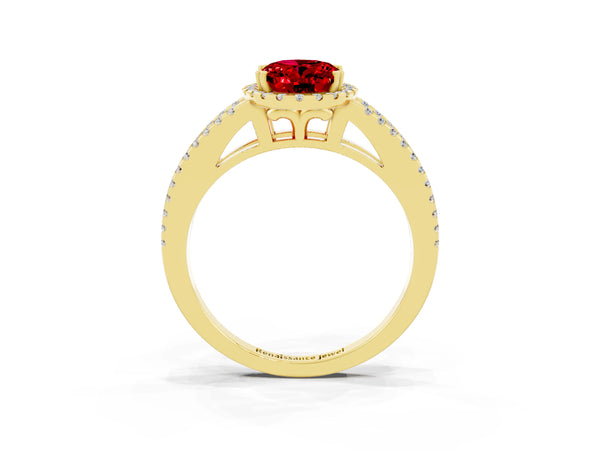 Yellow gold Oval Cut Ruby Halo Split Shank Engagement Ring