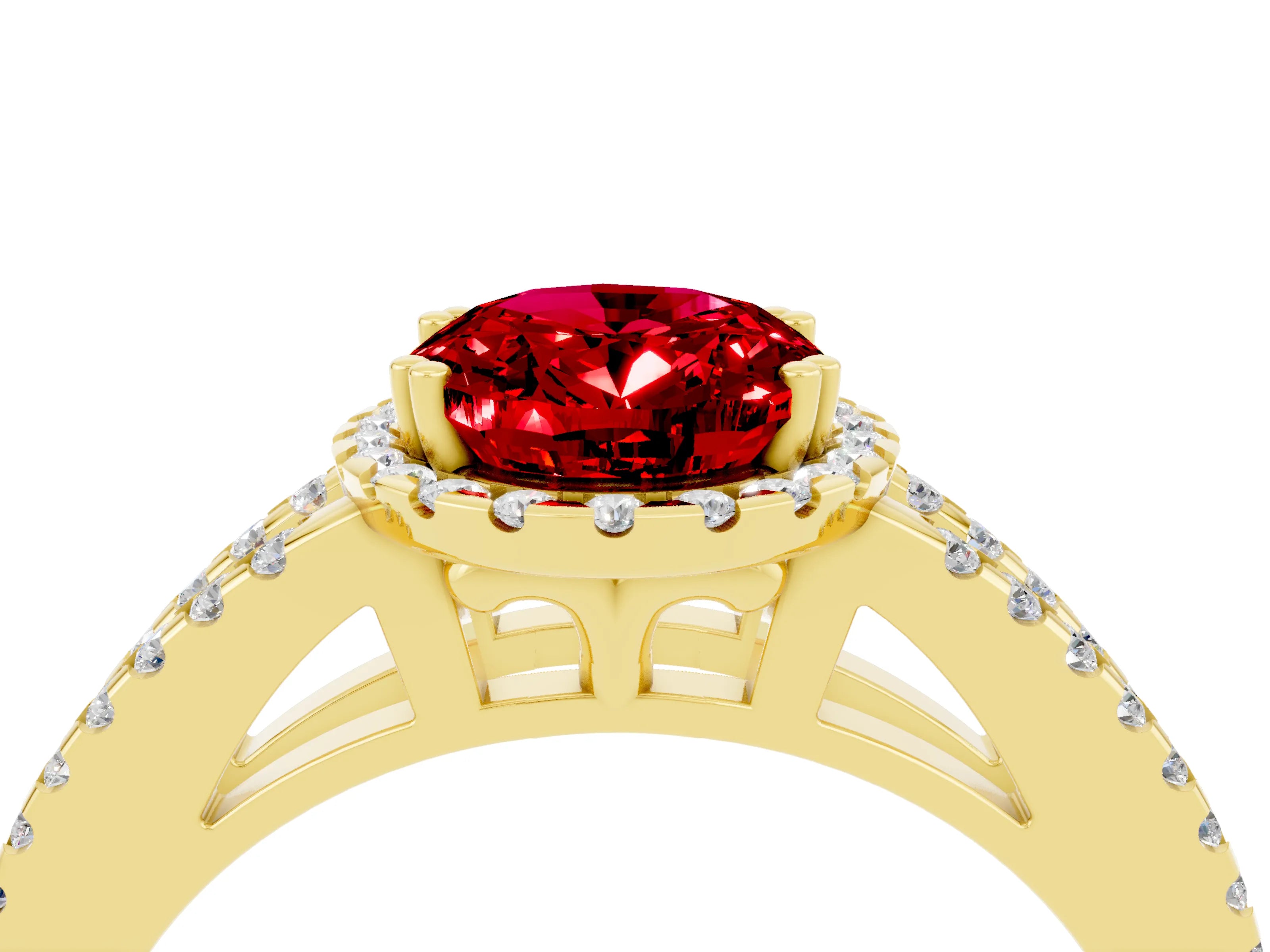 Yellow gold Oval Cut Ruby Halo Split Shank Engagement Ring_16