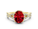 Yellow gold Oval Cut Ruby Halo Twist Band Solitaire Prong Setting Ring