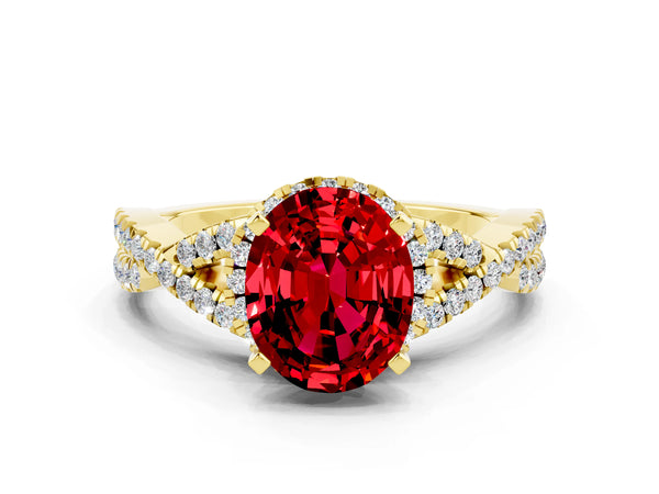 Yellow gold Oval Cut Ruby  Halo Twist Band Solitaire Prong Setting Ring
