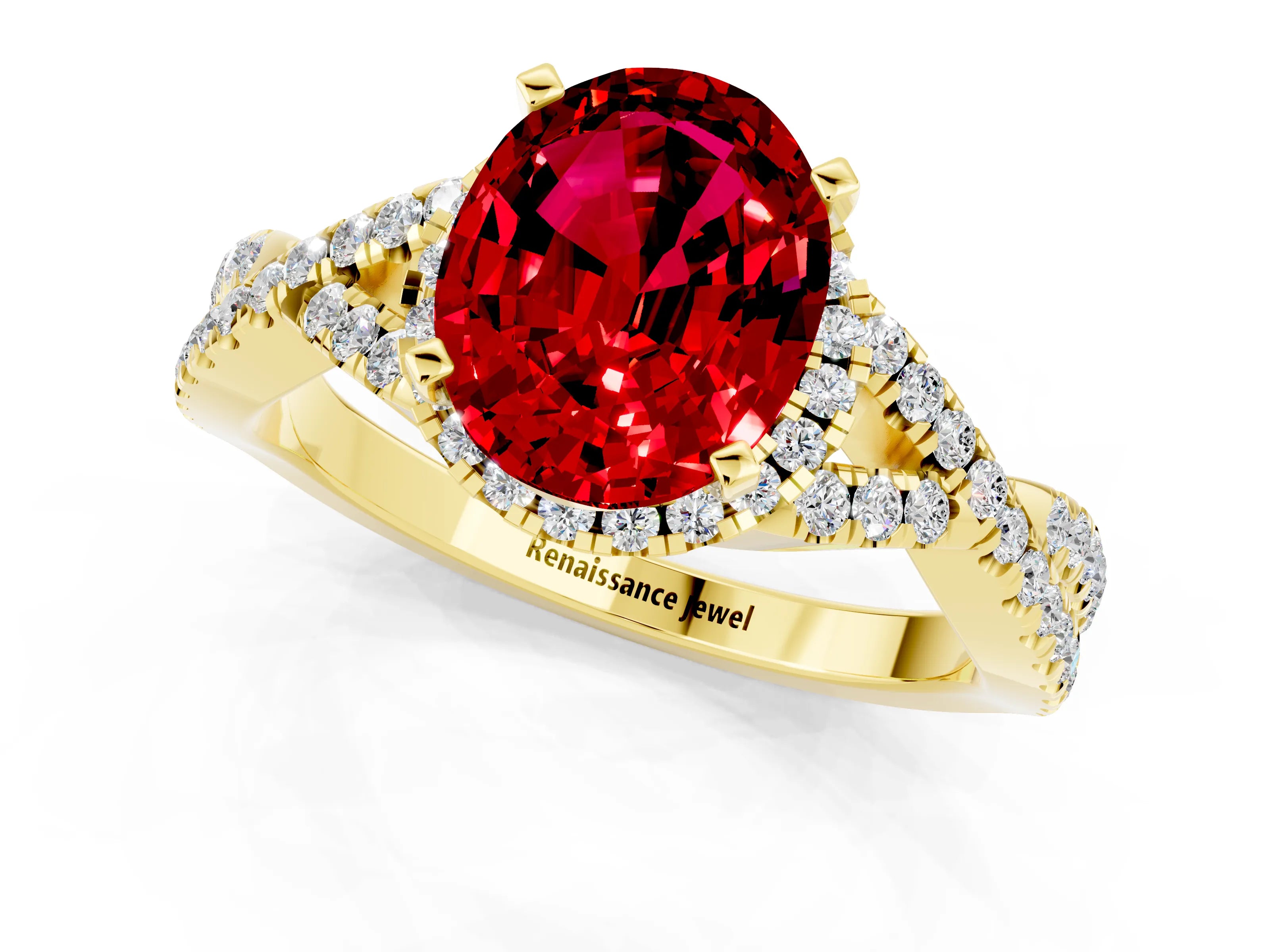 Yellow gold Oval Cut Ruby Halo Twist Band Solitaire Prong Setting Ring_1