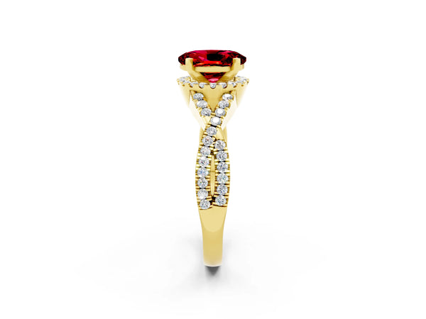 Yellow gold Oval Cut Ruby  Halo Twist Band Solitaire Prong Setting Ring