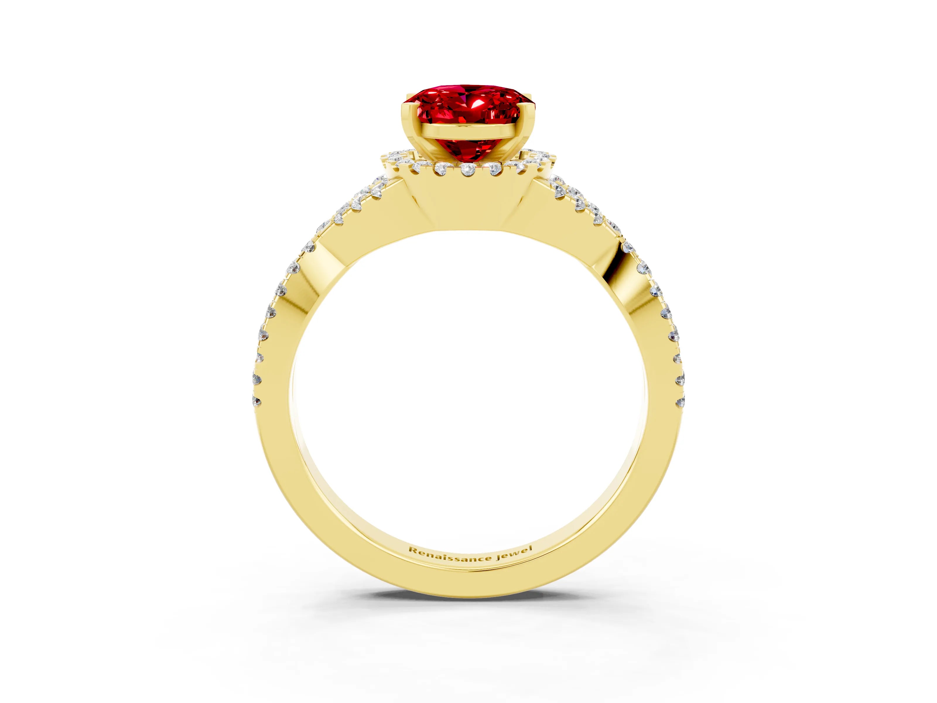 Yellow gold Oval Cut Ruby Halo Twist Band Solitaire Prong Setting Ring_3