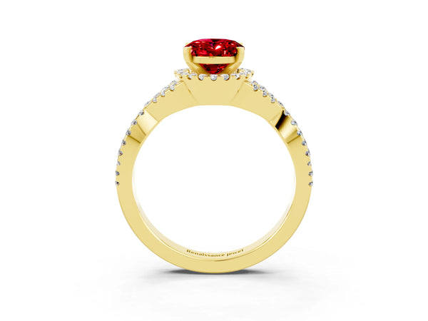 Yellow gold Oval Cut Ruby  Halo Twist Band Solitaire Prong Setting Ring