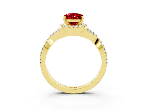 Yellow gold Oval Cut Ruby Halo Twist Band Solitaire Prong Setting Ring_3