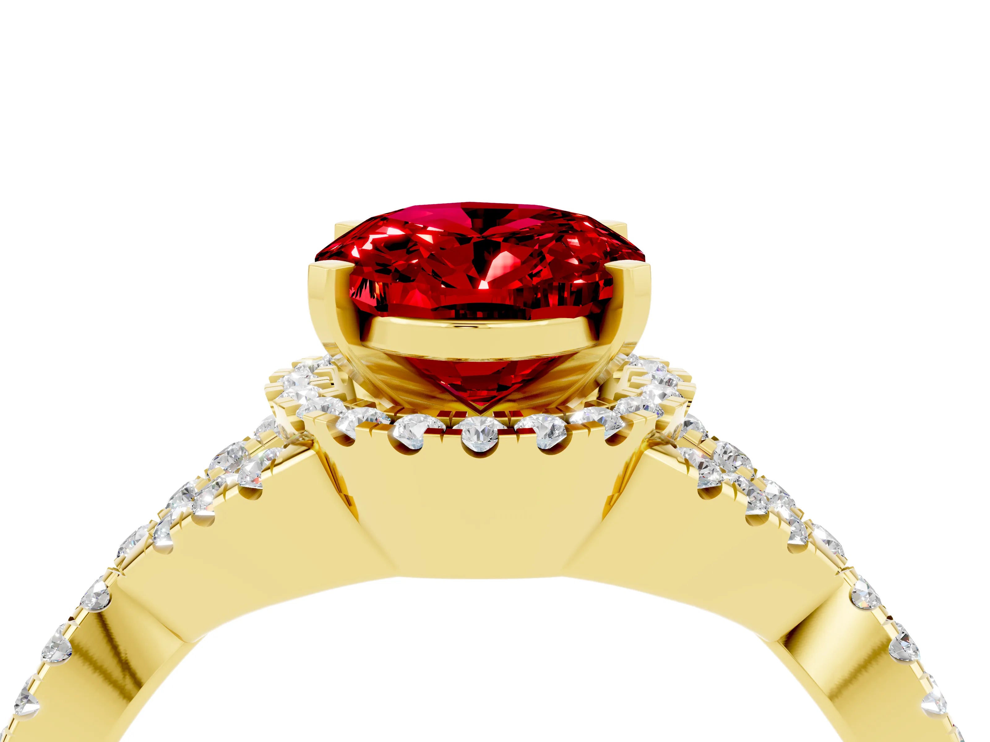 Yellow gold Oval Cut Ruby Halo Twist Band Solitaire Prong Setting Ring_4