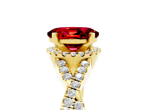 Yellow gold Oval Cut Ruby Halo Twist Band Solitaire Prong Setting Ring_5