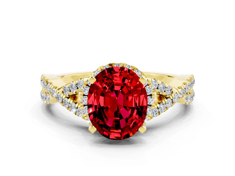 Yellow gold Oval Cut Ruby Halo Twist Band Solitaire Prong Setting Ring