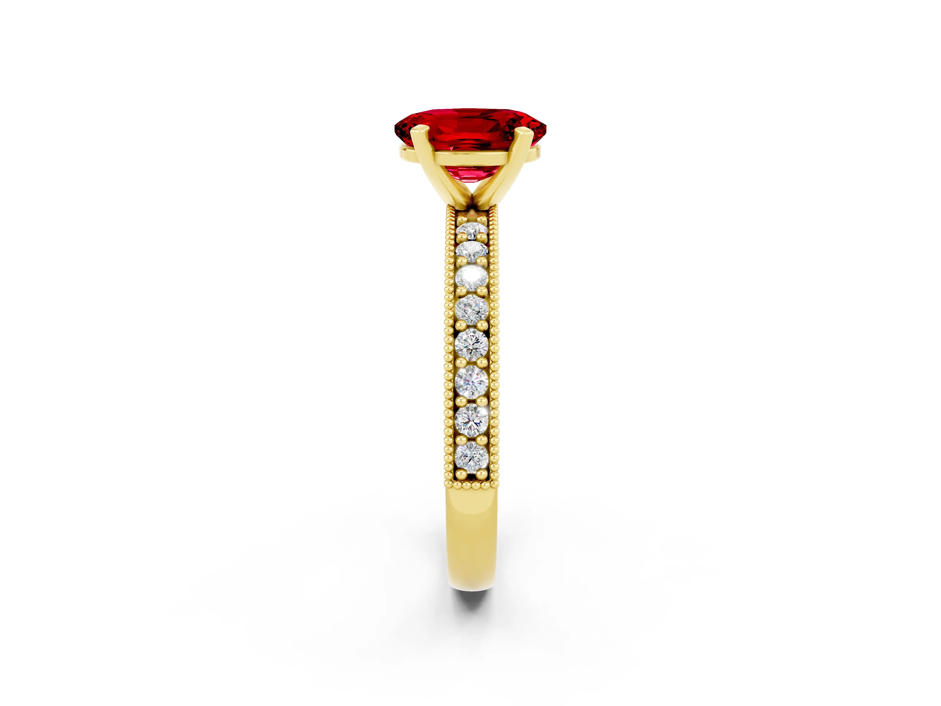 Yellow gold Oval Cut Ruby Milgrain Pavé Engagement Ring with Four-Prong Setting_14